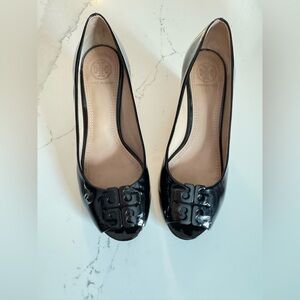 Tory Burch Black Patent Leather Peep-Toe Wedge Heels